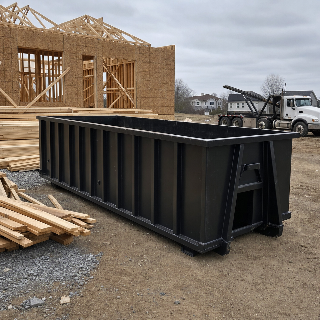 Matte-black 40-yard roll-off dumpster staged on a framed-out residential construction site in Carlsbad, framing lumber stacked nearby, hooklift delivery truck visible in the background under bright Colorado daylight