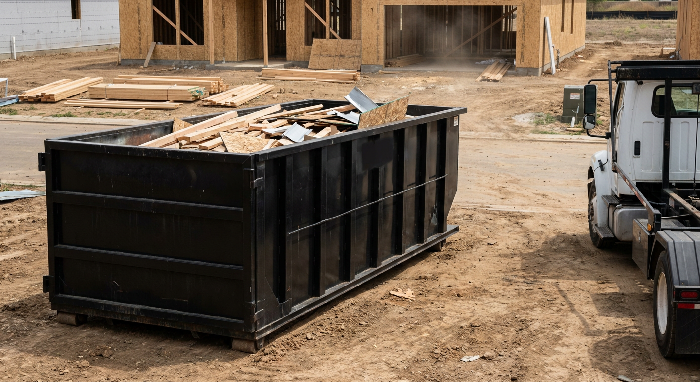 Matte-black 20-yard roll-off construction dumpster with heavy ribbed steel sidewalls and swing rear doors at a working jobsite in Carlsbad, sitting directly on compacted dirt with an unmarked white hauler partially visible at the far edge of the frame.