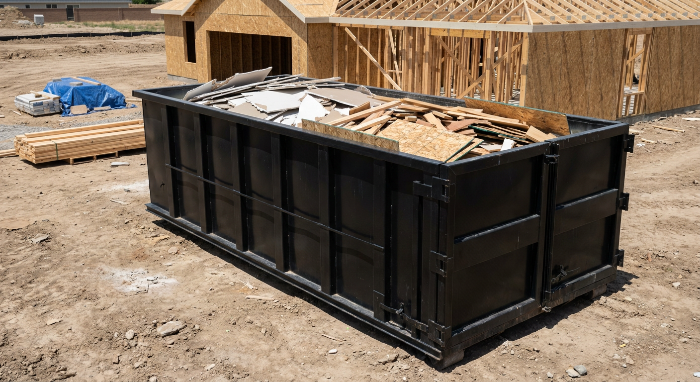 Matte-black 30-yard roll-off construction dumpster sitting directly on the compacted-dirt site of a framed single-family home build in Carlsbad, drywall and lumber scrap loaded inside.