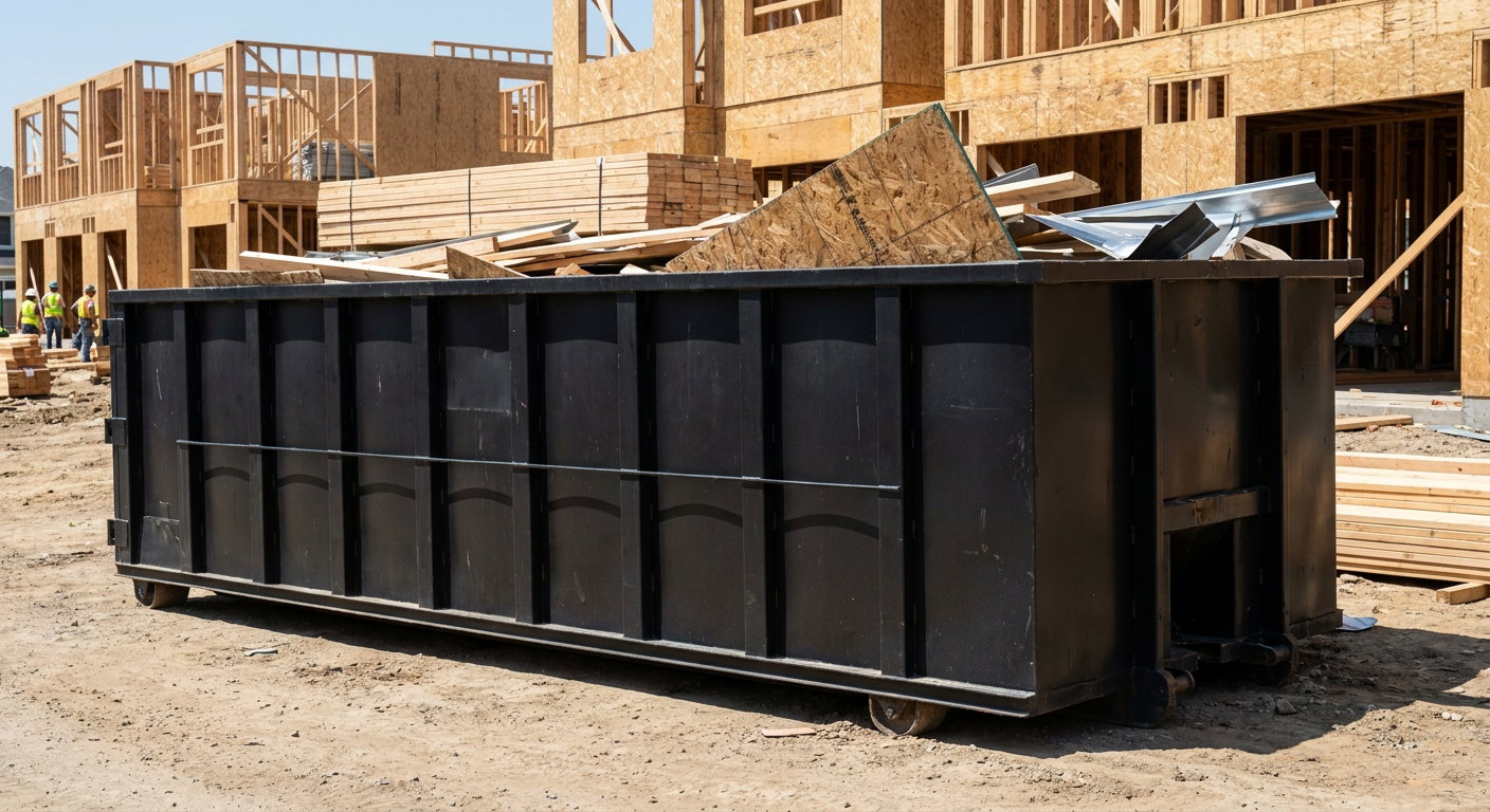 Matte-black 40-yard roll-off construction dumpster being lowered from a white-cab hooklift delivery truck onto the compacted-dirt jobsite at a commercial build site in Carlsbad