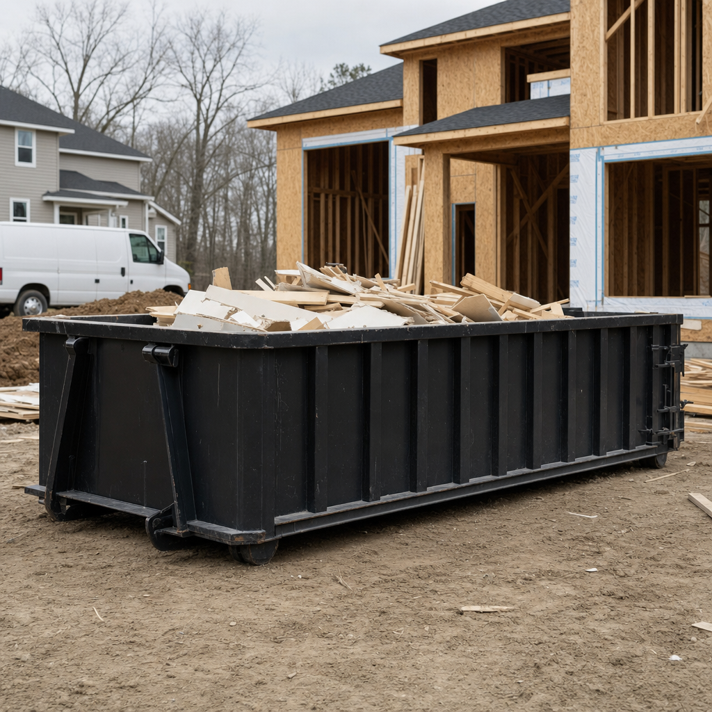 Worker in a yellow high-visibility vest tossing framing lumber and broken drywall into a matte-black 30-yard construction roll-off dumpster on an active build site in Carlsbad, bright daylight