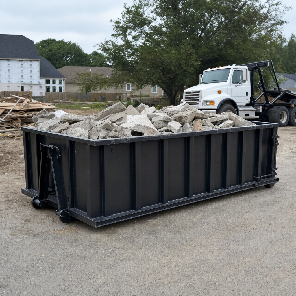 Low-profile matte-black lowboy roll-off dumpster loaded with broken concrete slab and rebar at a foundation tear-out in Carlsbad, skid steer parked beside it, sunny Colorado morning