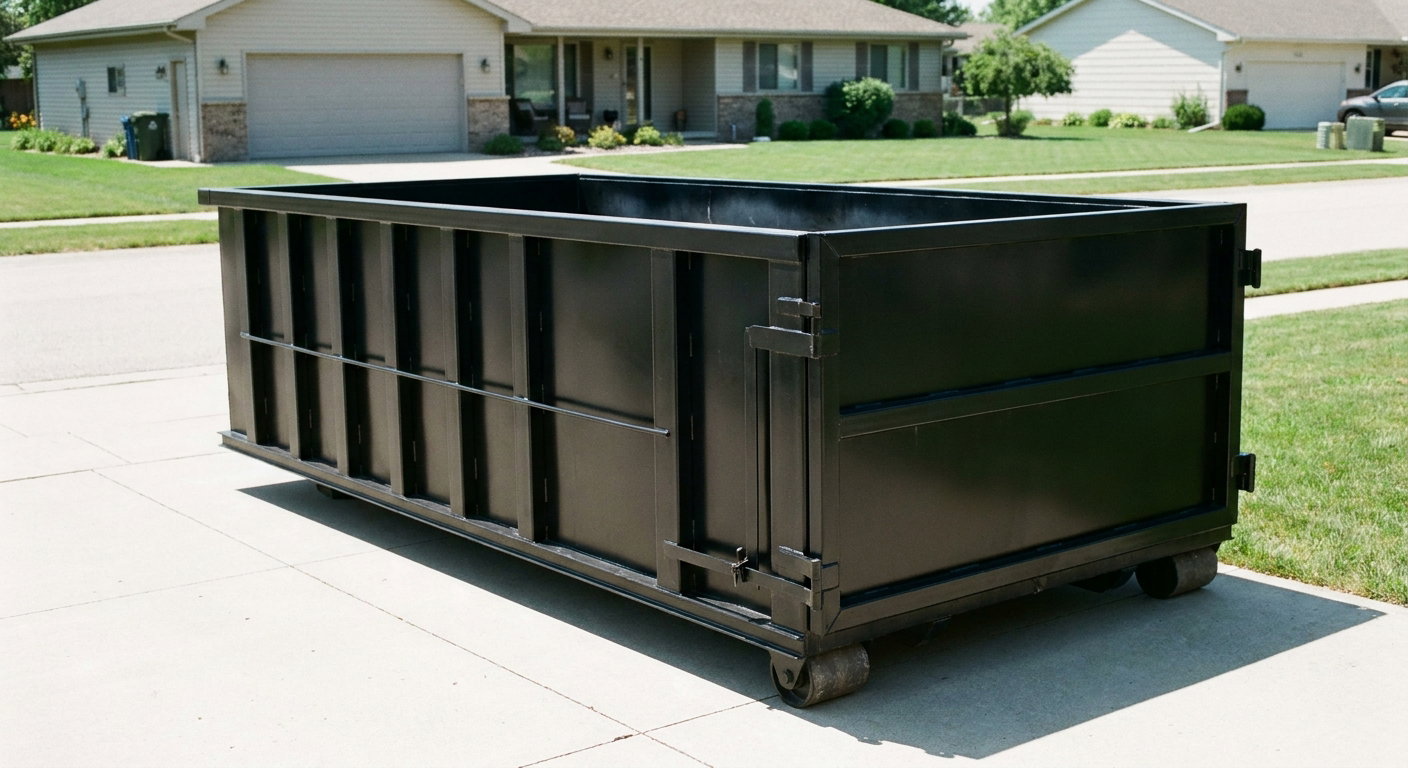 Matte-black 10-yard roll-off dumpster on a residential concrete driveway in Carlsbad, uniformly painted matte black across every panel and rail, ribbed steel sidewalls and rear swing door visible, mid-day daylight.