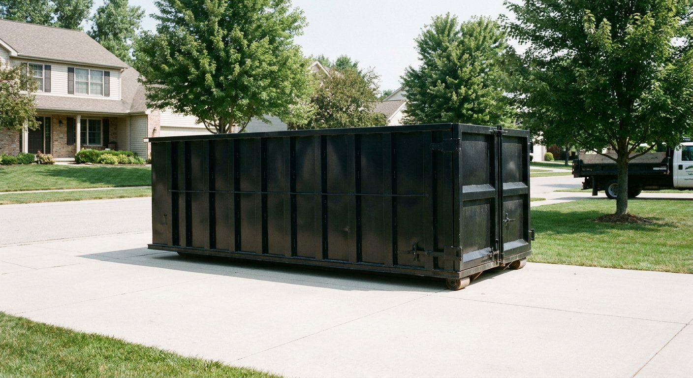 Matte-black 20-yard roll-off dumpster sitting level on a clean Carlsbad residential concrete driveway under bright daylight, demonstrating clean placement directly on the concrete.