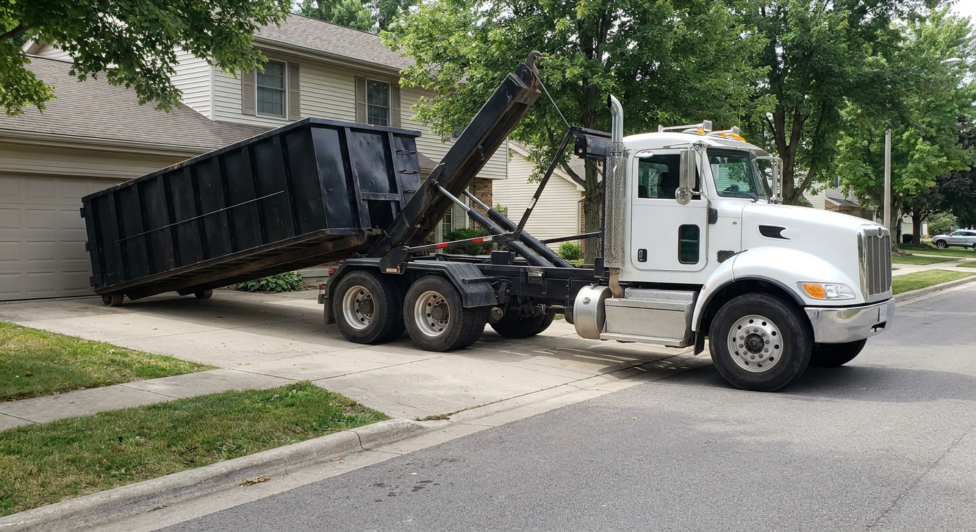 White-cab hooklift roll-off truck actively lowering a matte-black dumpster onto a Carlsbad residential concrete driveway, the dumpster's rear wheels touching the driveway as the hoist arm tilts the bed forward, mid-morning daylight.