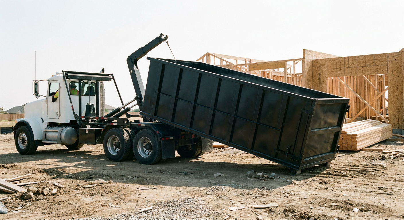 Matte-black roll-off dumpster being delivered onto a clean residential concrete driveway in Carlsbad by an unmarked white hooklift hauler truck, bright morning daylight, documentary 35mm perspective.