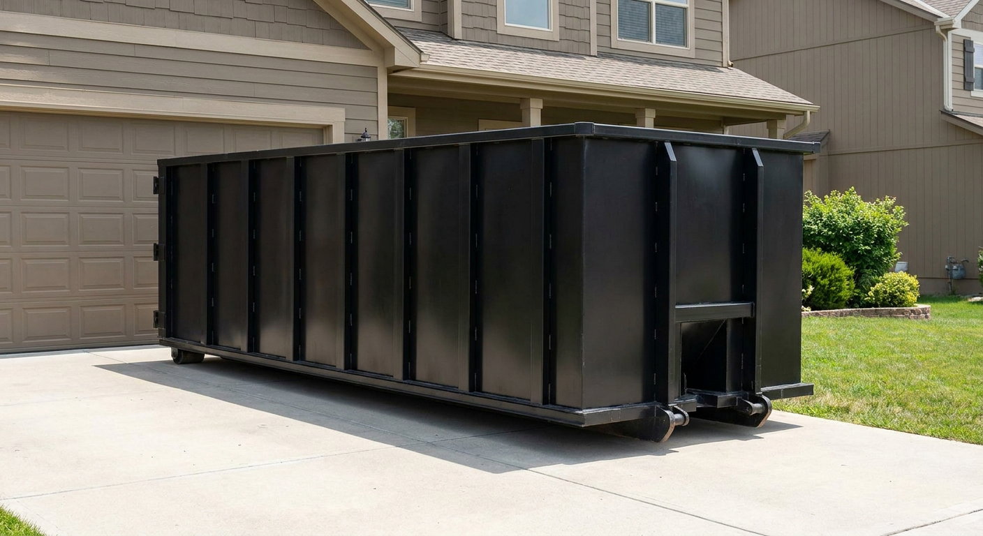 Matte-black residential roll-off dumpster sitting directly on a suburban Carlsbad concrete driveway, garage door closed, single-family home in background, bright morning daylight.
