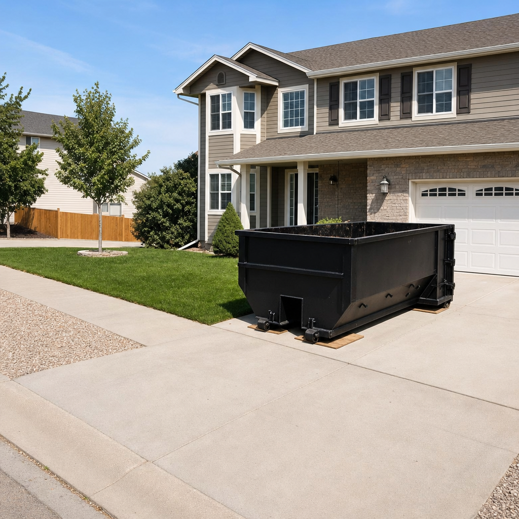 10-yard matte-black residential dumpster placed directly on a narrow Carlsbad concrete driveway, room remains for a parked sedan beside it, mid-morning natural light