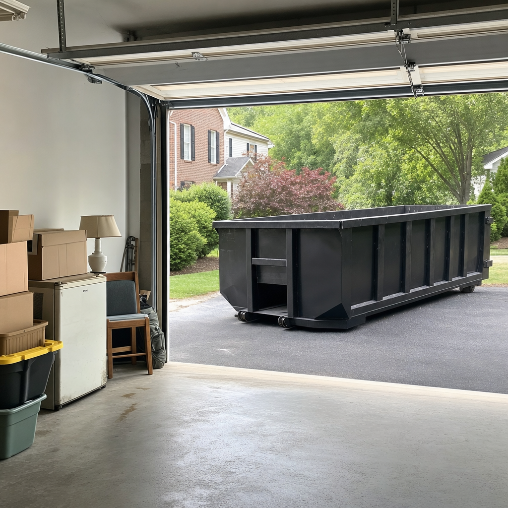 Open garage interior in a Carlsbad home mid-cleanout — boxed items, an old appliance, and stacked yard tools queued near the driveway for a matte-black roll-off dumpster, organized and calm