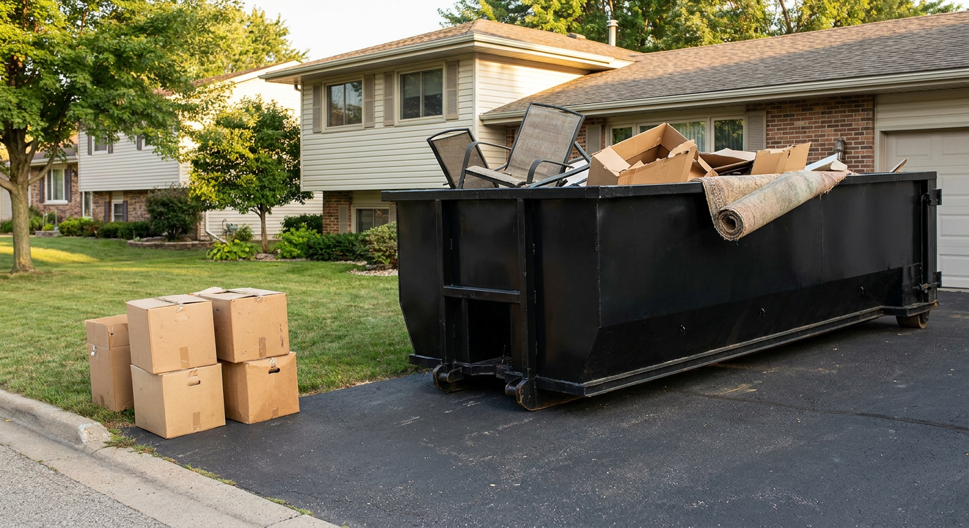 Front-yard view of a Carlsbad split-level home with a 20-yard matte-black roll-off dumpster sitting directly on the asphalt driveway, a few clearly labeled donation boxes staged at the curb, calm sunny afternoon.