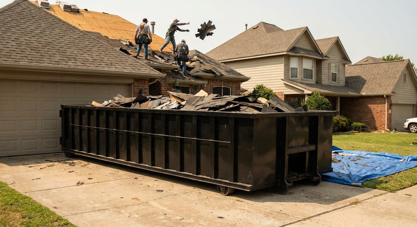 Matte-black roofing roll-off dumpster placed directly on a Carlsbad residential concrete driveway, a tear-off crew on a two-story asphalt-shingle roof tossing shingle bundles into the low-walled container, bright daylight, documentary 35mm perspective.
