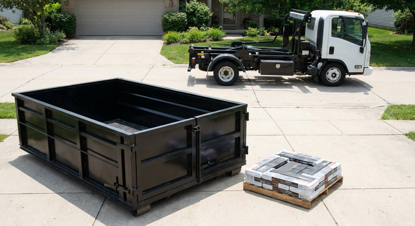 Matte-black 15-yard roofing roll-off dumpster with reinforced low side walls sitting directly on a Carlsbad residential concrete driveway, three-tab asphalt shingle bundles stacked nearby, an unmarked white hauler truck partially visible at the edge of the frame.