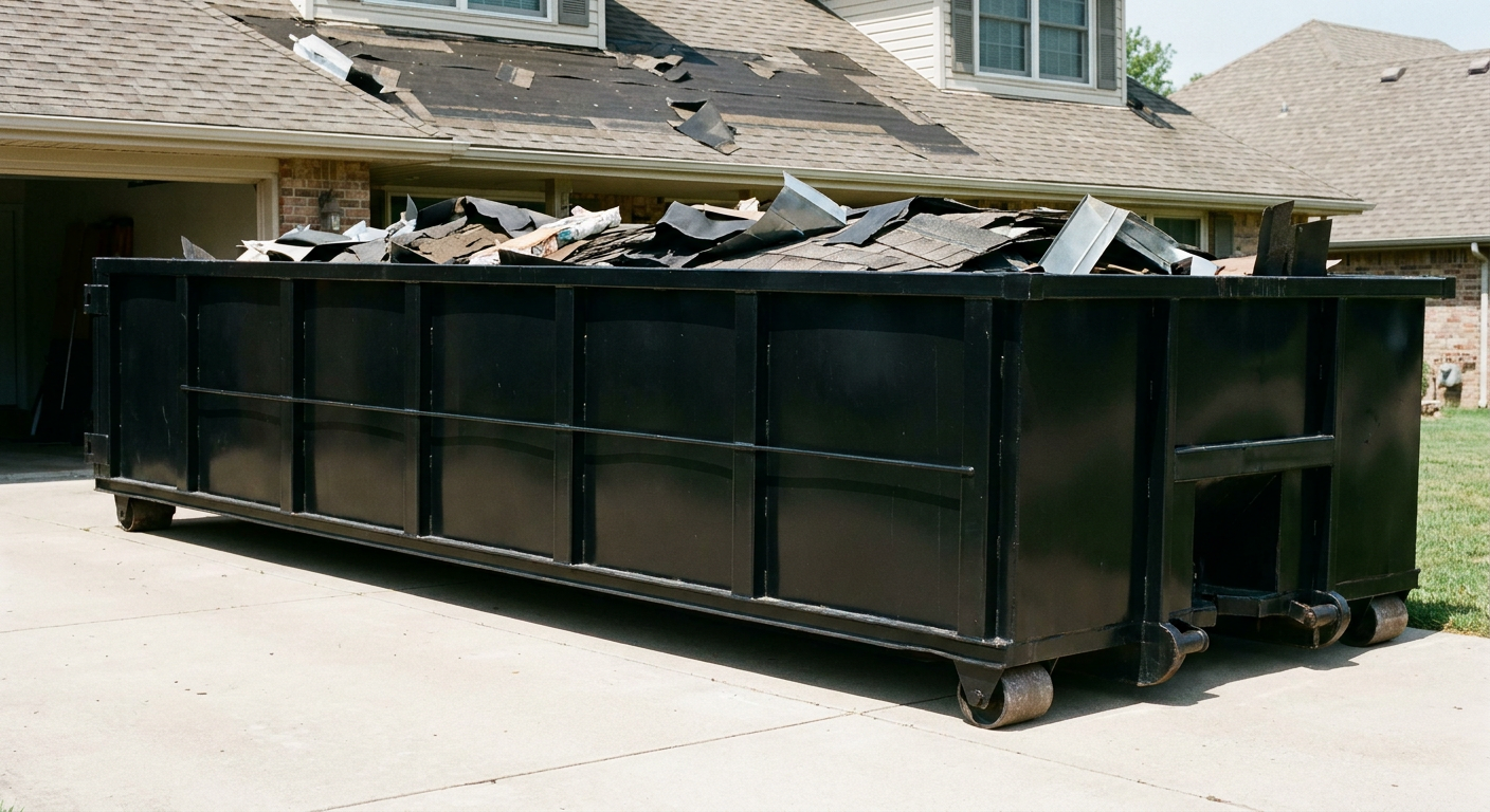 Matte-black 20-yard roofing roll-off dumpster with steel ribbed sides and swinging rear door, sitting directly on the concrete driveway of a two-story Carlsbad home, asphalt shingle debris being loaded over the low wall, clean documentary lighting.