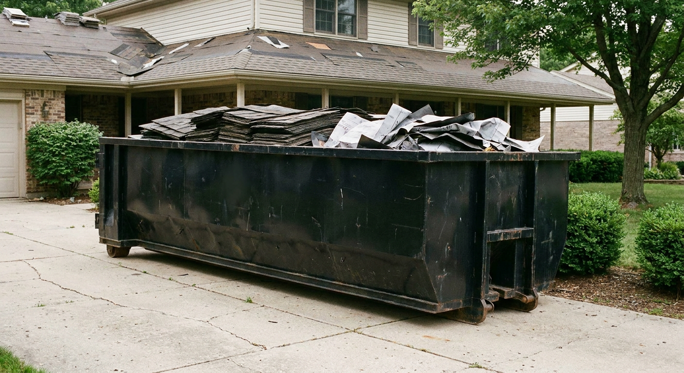 Matte-black 30-yard roofing roll-off dumpster sitting directly on a Carlsbad concrete driveway, taller ribbed steel side panels, mixed tear-off debris of asphalt shingles and underlayment inside, professional documentary daylight.