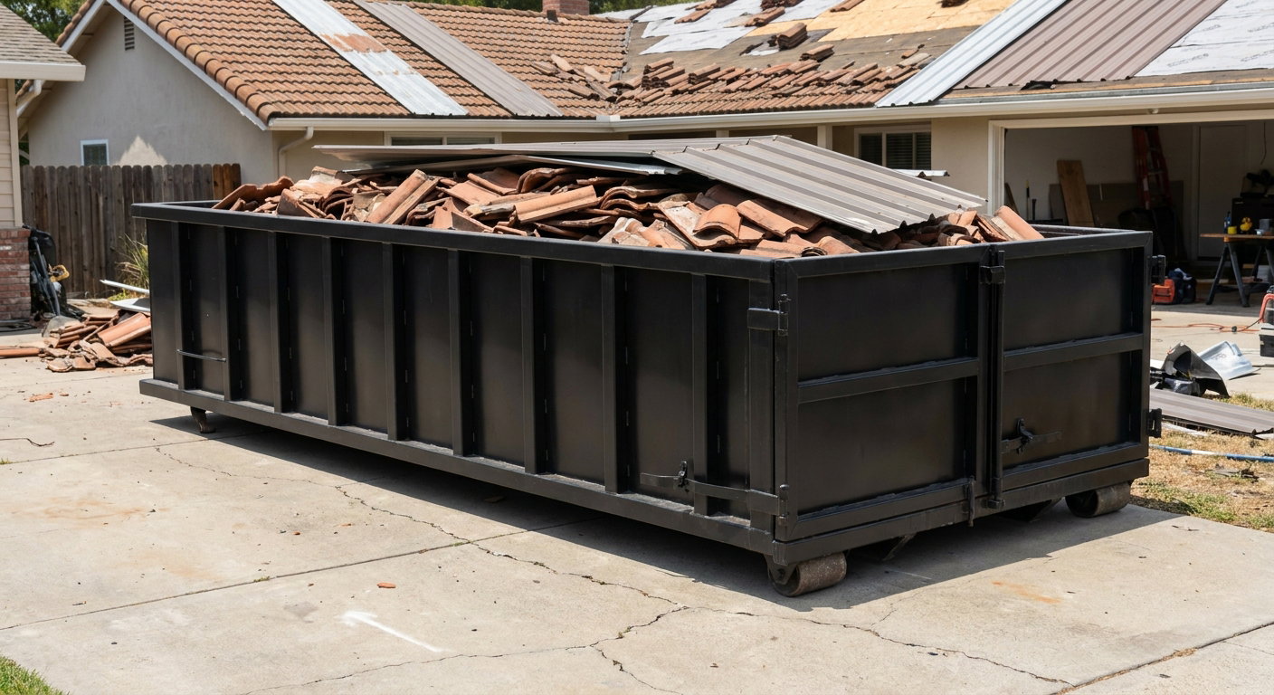 Matte-black low-wall heavy-debris roofing roll-off dumpster sitting directly on a Carlsbad concrete driveway, broken concrete clay roof tiles and metal panel sections loaded inside, reinforced ribbed steel side walls visible, bright outdoor daylight.