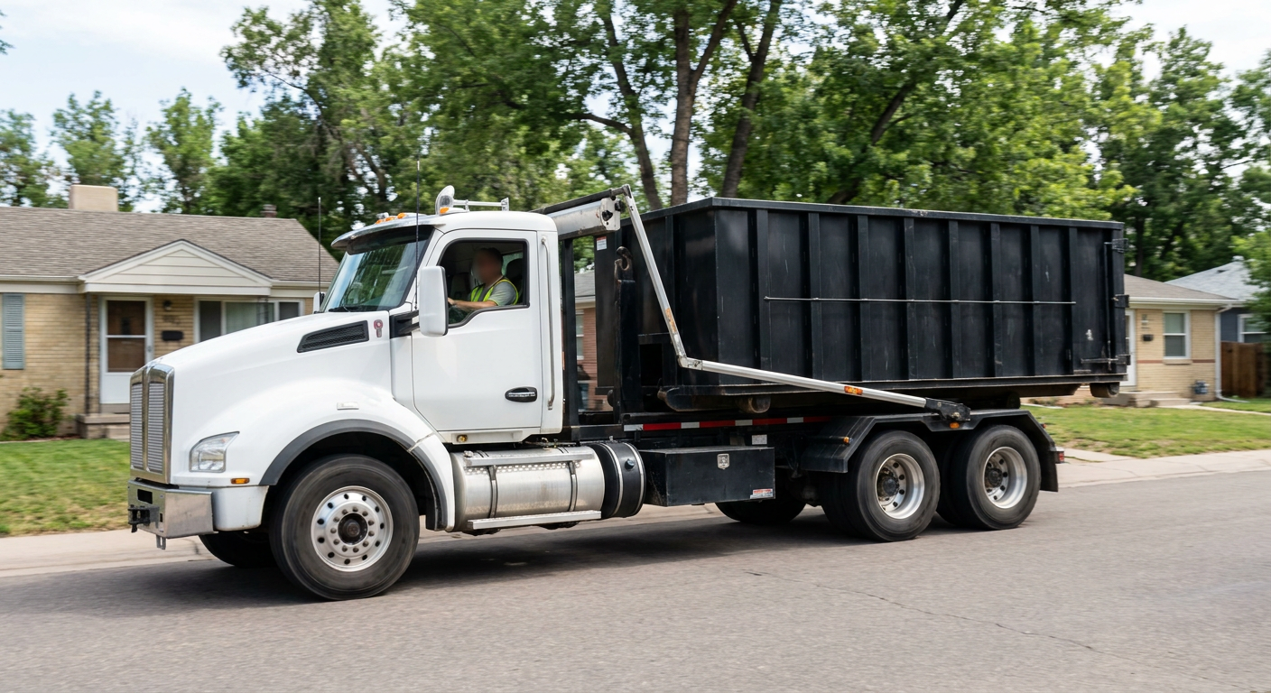 A wide documentary shot of a matte-black roll-off delivery truck pulling onto a quiet Carlsbad residential street at mid-morning, with neighborhood rooftops and tree-lined blocks visible behind, showing the metro coverage footprint.