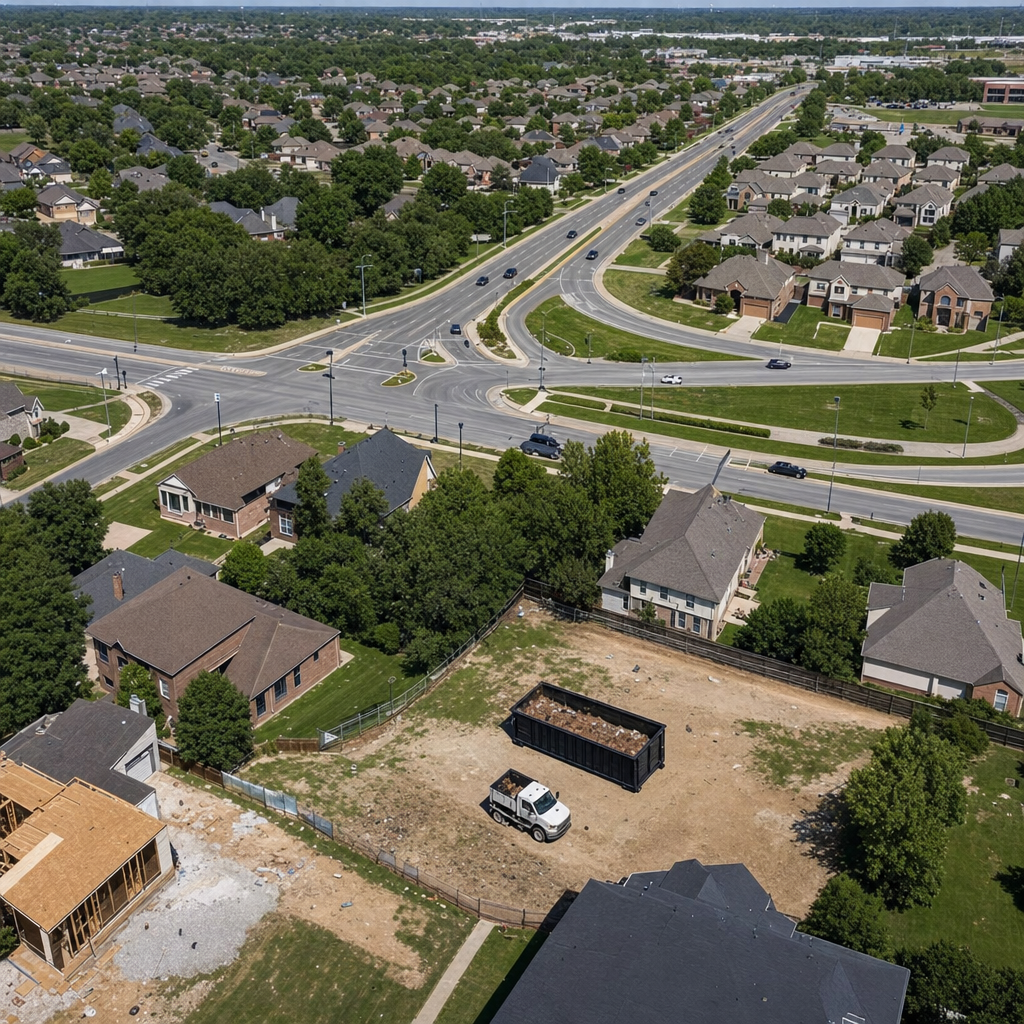 An overhead documentary view of the Carlsbad metro area at midday, showing the spread of neighborhoods, arterial roads, and the dispatch radius from a central yard — clean daylight, organized geographic layout.
