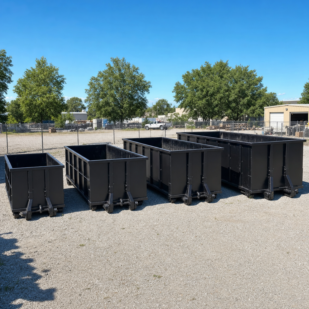 A clean lineup of matte-black roll-off dumpsters in 10, 20, 30, and 40-yard sizes staged on a sunlit gravel yard in Carlsbad, showing the size progression from compact to commercial-scale containers.