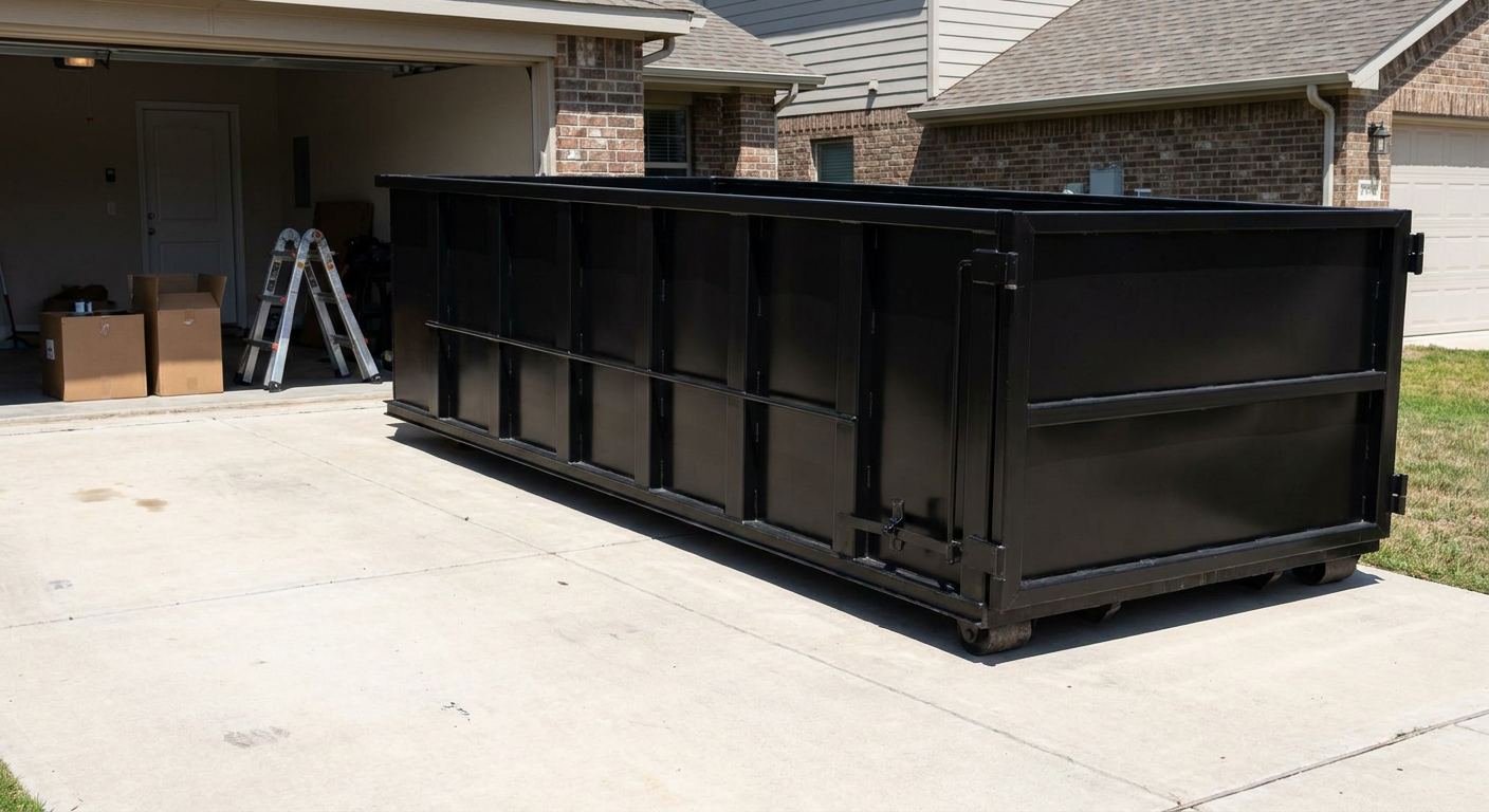 A matte-black 10-yard roll-off dumpster sitting directly on a residential Carlsbad concrete driveway, mid-day sunlight, clean and ready for a garage cleanout.