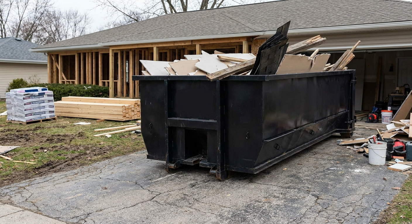 A matte-black 20-yard roll-off dumpster placed alongside a mid-renovation Carlsbad home directly on the asphalt driveway, with framing materials and torn-off shingles staged neatly nearby.