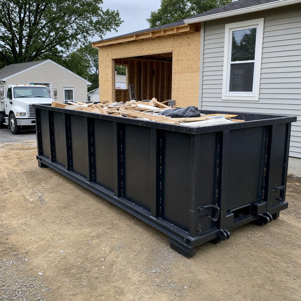 A matte-black 30-yard roll-off dumpster positioned at a Carlsbad residential addition jobsite, with framing lumber and drywall scraps loaded through the open swinging rear doors.