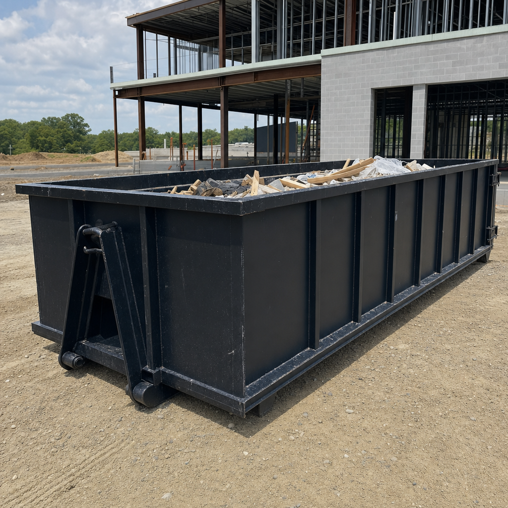 A matte-black 40-yard roll-off dumpster staged on a large Carlsbad commercial construction lot, with a hooklift delivery truck parked alongside under bright midday sky.