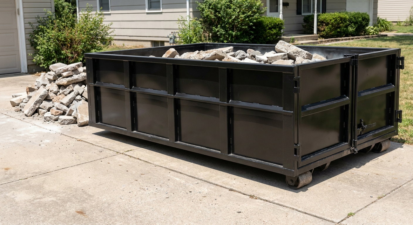 A matte-black low-side heavy-debris roll-off dumpster placed directly on a Carlsbad concrete driveway, with broken concrete chunks neatly stacked beside it under clean daylight.