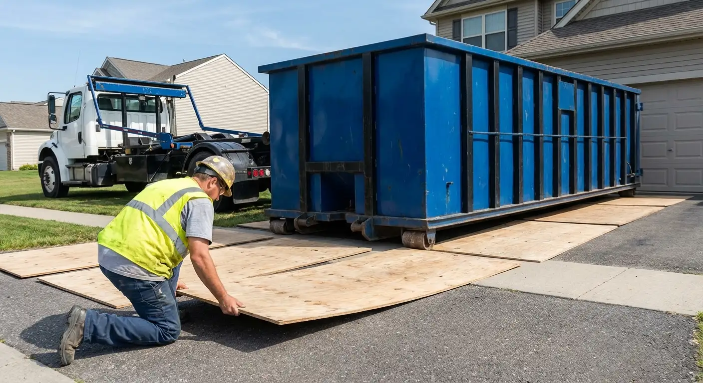 Driveway protection and delivery preparation for dumpster rental in Carlsbad, CA