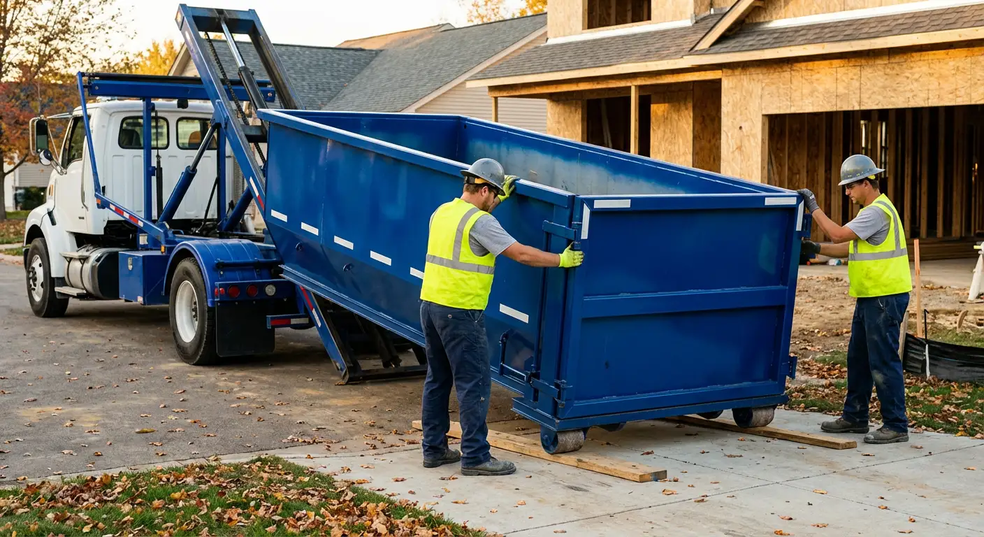 Roll-off dumpster delivery truck in residential area in Carlsbad, CA