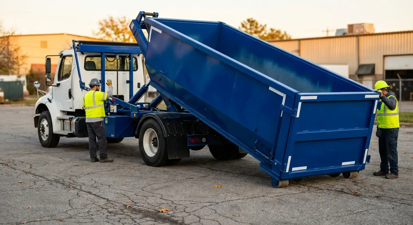 Roll-off dumpster rental truck protecting driveway surfaces in Carlsbad, CA